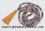 GMN795 Hand-knotted 8mm, 10mm rhodonite 108 beads mala necklace with tassel