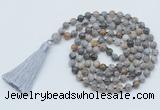 GMN797 Hand-knotted 8mm, 10mm silver needle agate 108 beads mala necklace with tassel