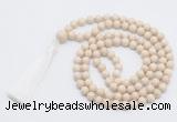 GMN815 Hand-knotted 8mm, 10mm white fossil jasper 108 beads mala necklace with tassel