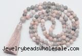 GMN816 Hand-knotted 8mm, 10mm pink zebra jasper 108 beads mala necklace with tassel