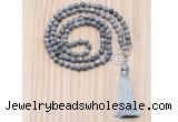 GMN8217 18 - 36 inches 8mm grey picture jasper 54, 108 beads mala necklace with tassel