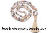 GMN8446 8mm, 10mm matte bamboo leaf agate 27, 54, 108 beads mala necklace with tassel