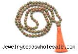 GMN8518 8mm, 10mm unakite 27, 54, 108 beads mala necklace with tassel