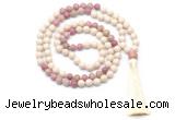 GMN8550 8mm, 10mm white fossil jasper & pink wooden jasper 108 beads mala necklace with tassel