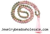 GMN8551 8mm, 10mm unakite & pink wooden jasper 108 beads mala necklace with tassel