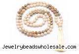 GMN8555 8mm, 10mm white fossil jasper, picture jasper & hematite 108 beads mala necklace with tassel