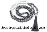 GMN8561 8mm, 10mm snowflake obsidian, matte white howlite & garnet 108 beads mala necklace with tassel