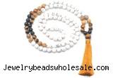 GMN8563 8mm, 10mm matte white howlite & mixed gemstone 108 beads mala necklace with tassel