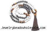 GMN8564 8mm, 10mm matte white howlite, black labradorite & yellow tiger eye 108 beads mala necklace with tassel