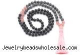 GMN8566 8mm, 10mm matte black agate, black labradorite & rose quartz 108 beads mala necklace with tassel