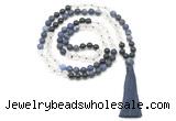 GMN8570 8mm, 10mm matte sodalite, white crystal & black agate 108 beads mala necklace with tassel