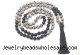 GMN8574 8mm, 10mm dalmatian jasper, black lava & garnet 108 beads mala necklace with tassel