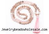 GMN8581 8mm, 10mm sunstone, rose quartz & white jade 108 beads mala necklace with tassel