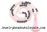 GMN8582 8mm, 10mm rose quartz & garnet 108 beads mala necklace with tassel