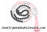 GMN8583 8mm, 10mm black agate, rose quartz & white howlite 108 beads mala necklace with tassel