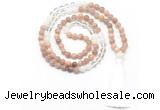 GMN8584 8mm, 10mm sunstone, white crystal & white jade 108 beads mala necklace with tassel