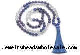 GMN8587 8mm, 10mm amethyst, white crystal & lapis lazuli 108 beads mala necklace with tassel