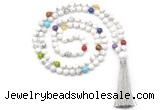 GMN8600 Hand-knotted 7 Chakra 8mm, 10mm white howlite 108 beads mala necklace with tassel