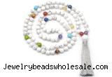 GMN8601 Hand-knotted 7 Chakra 8mm, 10mm white howlite 108 beads mala necklace with tassel