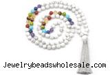 GMN8603 Hand-knotted 7 Chakra 8mm, 10mm white howlite 108 beads mala necklace with tassel