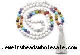 GMN8604 Hand-knotted 7 Chakra 8mm, 10mm white howlite 108 beads mala necklace with tassel