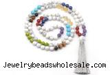 GMN8606 Hand-knotted 7 Chakra 8mm, 10mm white howlite 108 beads mala necklace with tassel