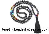 GMN8614 Hand-knotted 7 Chakra 8mm, 10mm black labradorite 108 beads mala necklace with tassel