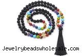 GMN8615 Hand-knotted 7 Chakra 8mm, 10mm black lava 108 beads mala necklace with tassel