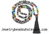 GMN8624 Hand-knotted 7 Chakra 8mm, 10mm black water jasper 108 beads mala necklace with tassel