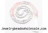 GMN8626 8mm, 10mm matte white howlite & rose quartz 108 beads mala necklace with tassel