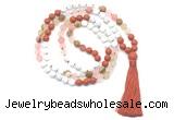 GMN8628 8mm, 10mm matte white howlite, red jasper & cherry quartz 108 beads mala necklace with tassel