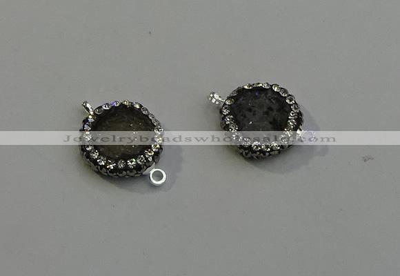 NGC5043 12mm - 14mm flat round druzy agate with rhinestone connectors