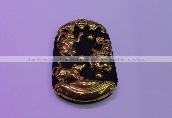 NGP2013 38*55mm carved gold plated matte black obsidian pendants