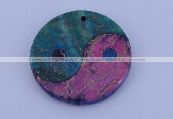 NGP205 6*40mm coin dyed imperial jasper & chrysocolla gemstone pendant