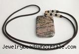 NGP5625 Rhodonite rectangle pendant with nylon cord necklace